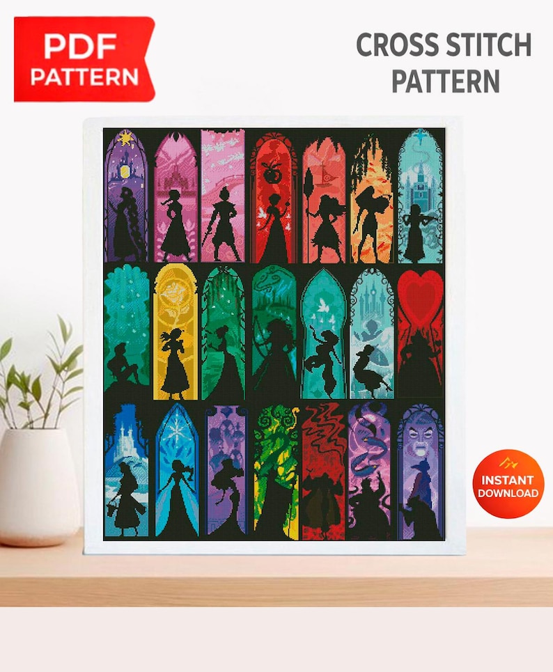 May include: A framed cross-stitch pattern featuring colorful stained-glass window designs. Each window showcases a silhouette of a character. The words "PDF PATTERN" and "CROSS STITCH PATTERN" are visible. An "INSTANT DOWNLOAD" icon is also present.