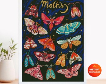 Moth Cross Stitch Pattern PDF Butterfly Embroidery Insect Wall Art Dark Aesthetic Nature Decor Instant Download Gift Idea