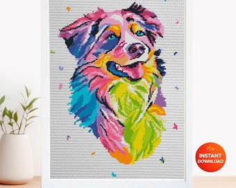 Australian Shepherd Cross Stitch Pattern PDF, Colorful Aussie Dog Portrait Embroidery Design, Modern Dog Needlework Chart, Dog Lover Gift