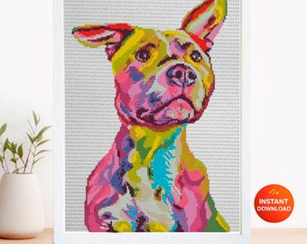 Pit Bull Cross Stitch Pattern PDF, Colorful Pitbull Dog Portrait Embroidery Design, Modern Dog Needlework Chart, Dog Lover Gift, download