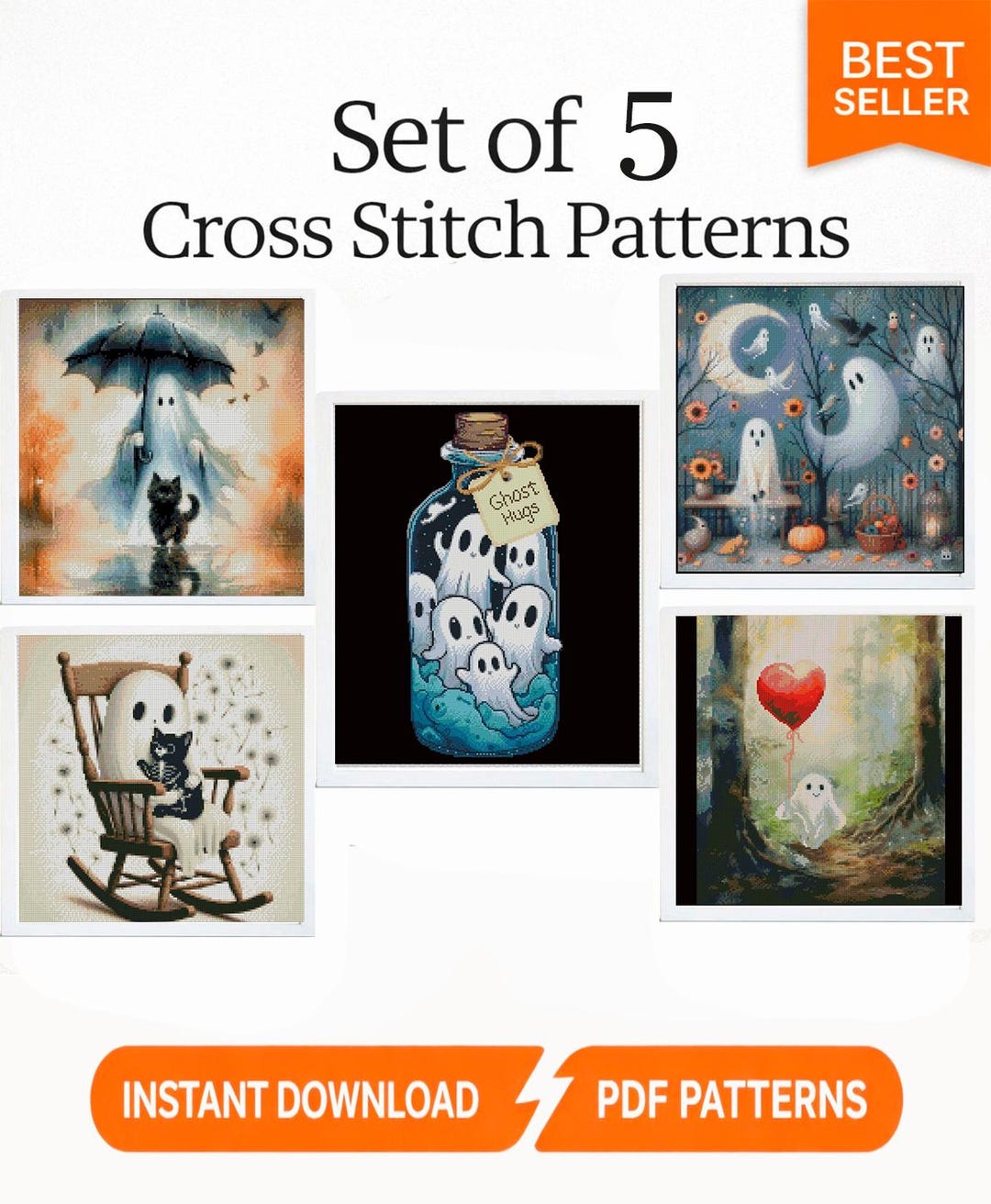 Ghost Stitching Pattern Ghost Cross Stitch Pattern Set of 5, Halloween Cute Ghost PDF, Gothic ...