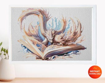 Dragon Book Cross Stitch Pattern PDF, Fantasy Dragon Embroidery Design, Magic Book Cross Stitch, Dragon Fantasy Cross Stitch Download pdf