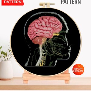 Peut inclure: Un modèle de point de croix présenté dans un tambour à broder en bois sur un petit chevalet en bois. Le motif représente un cerveau humain rose et le système nerveux jaune sur fond noir, avec le texte PDF PATTERN et CROSS STITCH PATTERN.
