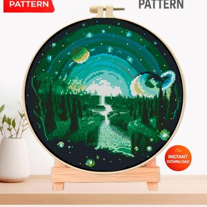Galaxy Landscape Cross Stitch Pattern PDF, Fantasy Space River Embroidery Design, Cosmic Night Sky Cross Stitch Chart, Download PDF