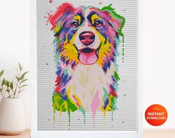 Australian Shepherd Cross Stitch Pattern PDF, Colorful Aussie Dog Portrait Embroidery Design, Modern Dog Needlework Chart, Dog Lover Gift