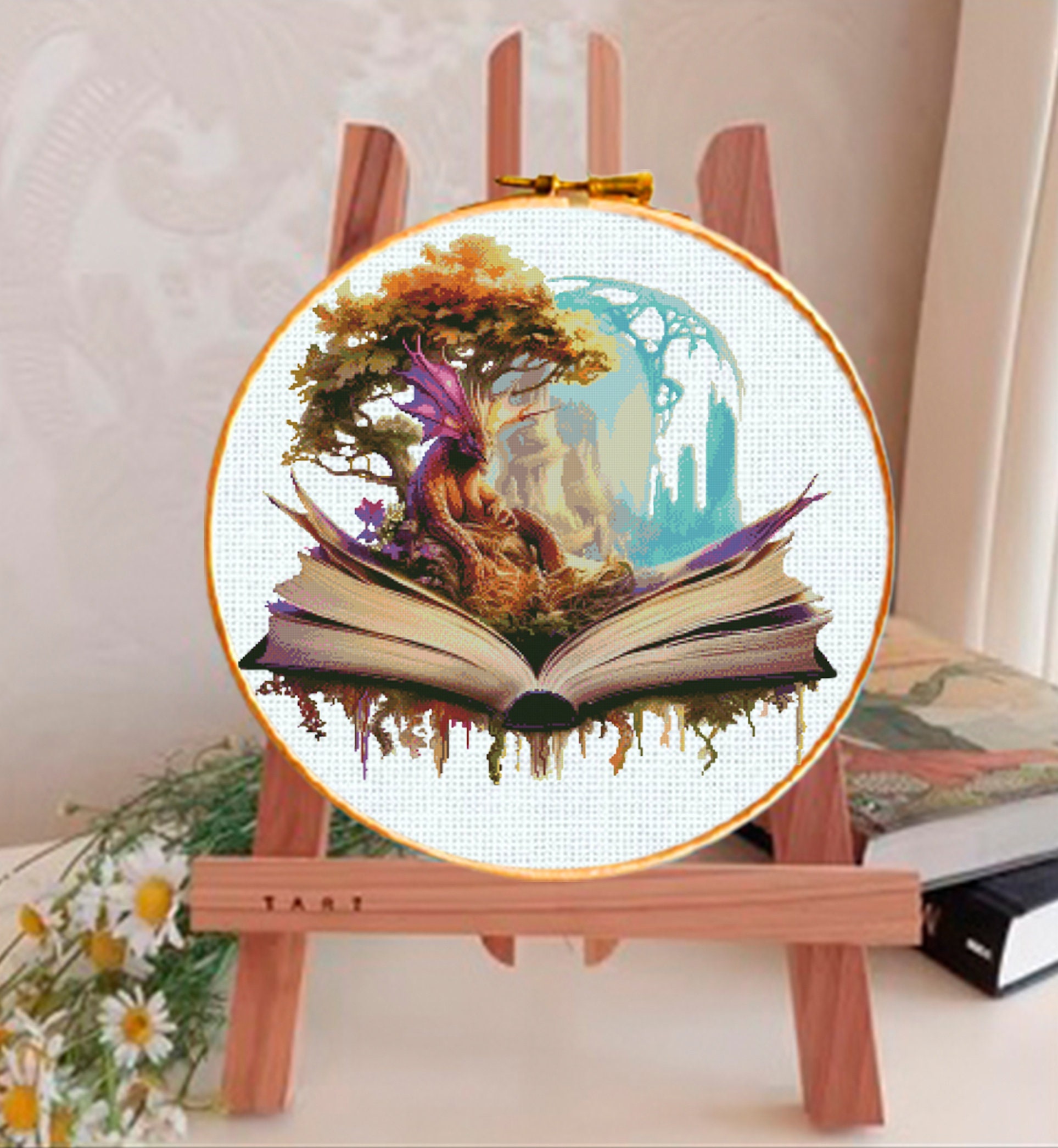 Dragon Book Cross Stitch Pattern PDF, Fantasy Dragon Tree Embroidery ...