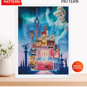 May include: A framed cross stitch pattern featuring Cinderella's castle and Cinderella waving. The image is predominantly blue, with accents of gold and pink. Text includes "PDF PATTERN" and "CROSS STITCH PATTERN".