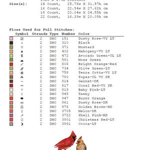 May include: A page from a cross-stitch pattern with a detailed color chart and a depiction of two red cardinals perched on a branch. The chart includes floss colors and sizes in centimeters.