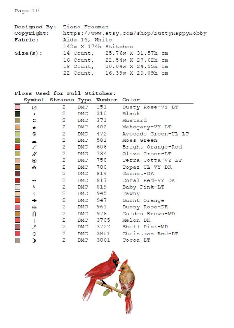 May include: A page from a cross-stitch pattern with a detailed color chart and a depiction of two red cardinals perched on a branch. The chart includes floss colors and sizes in centimeters.