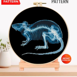 Kreuzstichmuster „Röntgenbild einer Ratte“ (PDF), Stickvorlage für ein anatomisches Nager-Skelett, Tieranatomie-Kunst im Röntgenstil, Geschenk für Tierärzte