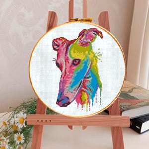 Greyhound Cross Stitch Pattern PDF, Colorful Greyhound Dog Portrait Embroidery Design, Modern Sighthound Needlework Chart, Dog Lover Gift image 3