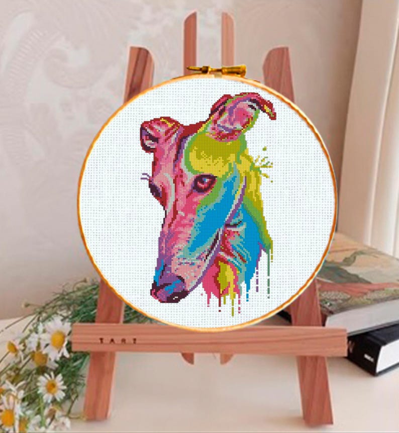 Greyhound Cross Stitch Pattern PDF, Colorful Greyhound Dog Portrait Embroidery Design, Modern Sighthound Needlework Chart, Dog Lover Gift image 3