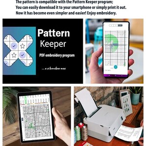 May include: Image showcasing the Pattern Keeper PDF embroidery program. The image includes a smartphone and tablet displaying cross-stitch patterns, a printer, and spools of thread. The text reads: "Pattern Keeper PDF embroidery program".