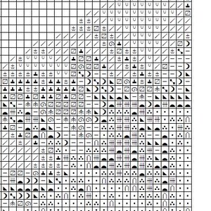 May include: A black and white cross-stitch pattern chart with various symbols, including anchors, trees, and moons. The chart is divided into a grid with numbers along the top and sides, indicating rows and columns for the cross-stitch design.