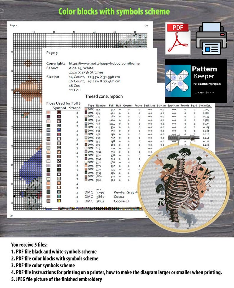 May include: A cross-stitch pattern chart with color blocks and symbols. Includes thread consumption details, fabric size, and a finished embroidery image in a wooden hoop. The text reads "Color blocks with symbols scheme."