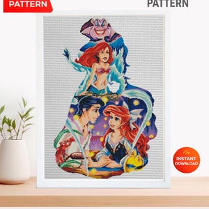 Modèle de point de croix PDF Princesse Sirène, Motif de broderie Princesse des Océans, Grille de point de croix Princesse des Mers Fantastiques, Dessins animés des années 90, à télécharger