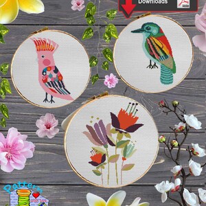 KITS geometrik bird and flower#25.1 Cross Stitch Embroidery Pattern Download | Stitching | Needlepoint | Cross Pattern | Cross Designs