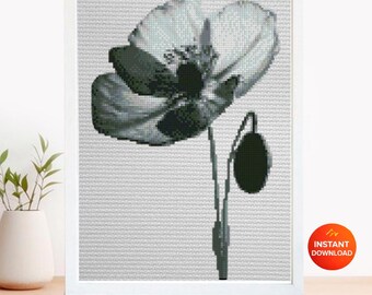 Black Poppy Cross Stitch Pattern PDF, Minimal Botanical Flower Embroidery Chart, Monochrome Floral Round Hoop Design, Instant Download pdf