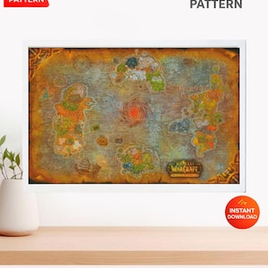 Puede incluir: Un patrón de punto de cruz enmarcado que presenta un mapa detallado del juego World of Warcraft. El mapa está en tonos de marrón, naranja y verde, con etiquetas de texto para diferentes regiones. También se ven las palabras "PDF Pattern" e "Instant Download".