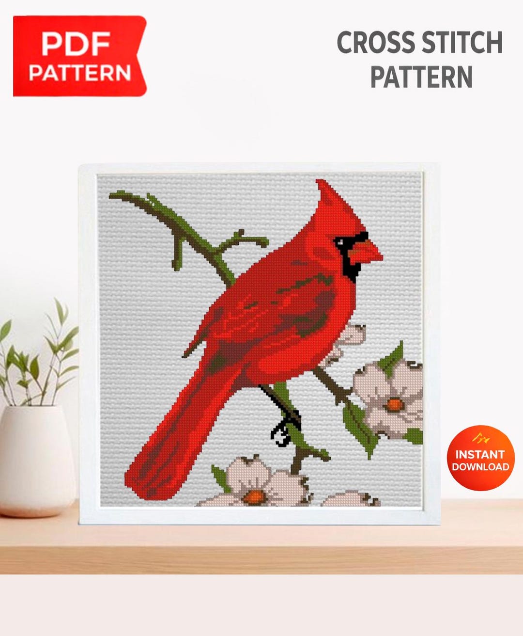 Red Cardinal Cross Stitch Pattern PDF, Cardinal Bird Embroidery Design ...