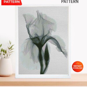 Może przedstawiać: Oprawiony wzór haftu krzyżykowego przedstawiający szarą kwiat irysa. Obraz jest umieszczony na białym tle i zawiera tekst "CROSS STITCH PATTERN" i "PDF PATTERN". Projekt jest dostępny do natychmiastowego pobrania.