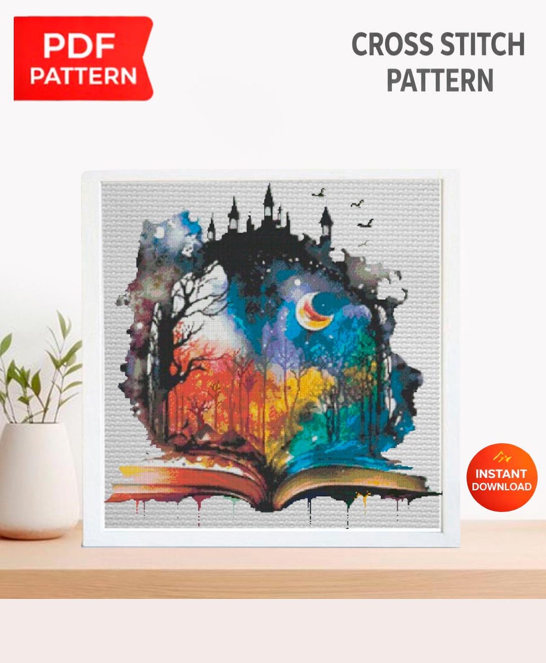 Fantasy Book Cross Stitch Pattern PDF, Magical World Book Embroidery ...