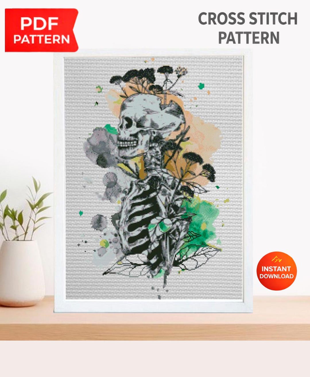 Black Skull Anatomy Cross Stitch Pattern PDF, Gothic Skeleton ...