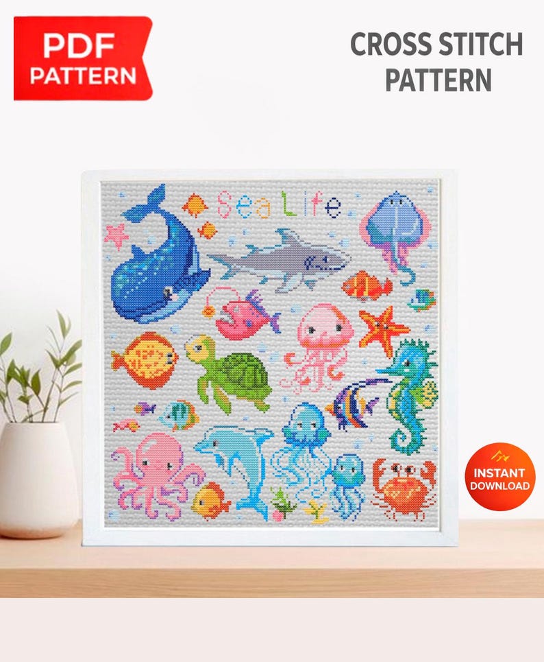 Sea Life Cross Stitch Pattern Set PDF, Ocean Animals Embroidery Bundle ...