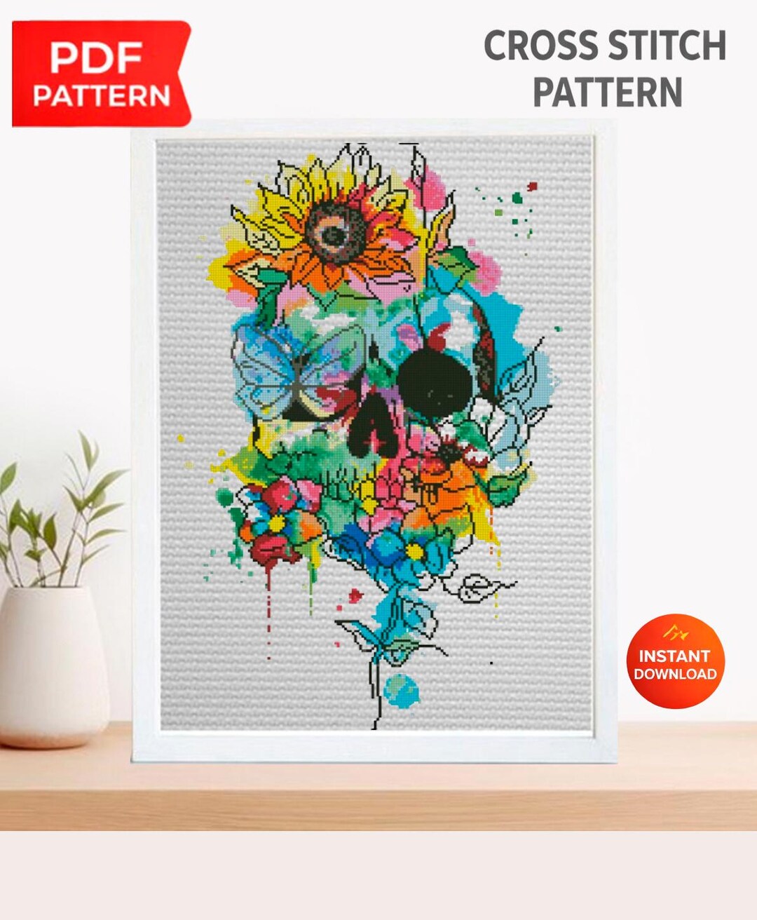 Floral Skull Cross Stitch Pattern PDF, Colorful Gothic Embroidery ...