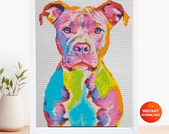 Pit Bull Cross Stitch Pattern PDF, Colorful Pitbull Dog Portrait Embroidery Design, Modern Dog Needlework Chart, Dog Lover Gift. Pet pattern
