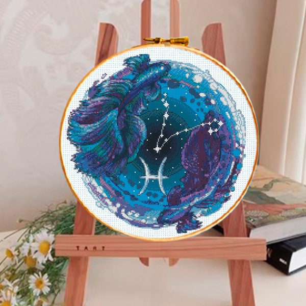 Zodiac Pisces cross stitch pattern, zodiac constellation, constellation, horoscope embroidery