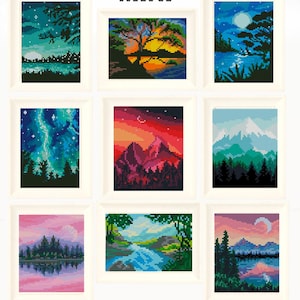 May include: A collection of nine framed pixel art landscape prints labeled MINI, featuring diverse scenes including starry night skies, mountain ranges, forests, rivers, and colorful sunsets in various shades of blue, green, pink, and orange.