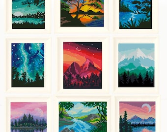 Mini Landscape Cross Stitch Bundle PDF, Small Nature Embroidery Patterns, Mountain Forest Counted Cross Stitch Set Designs Digital Download