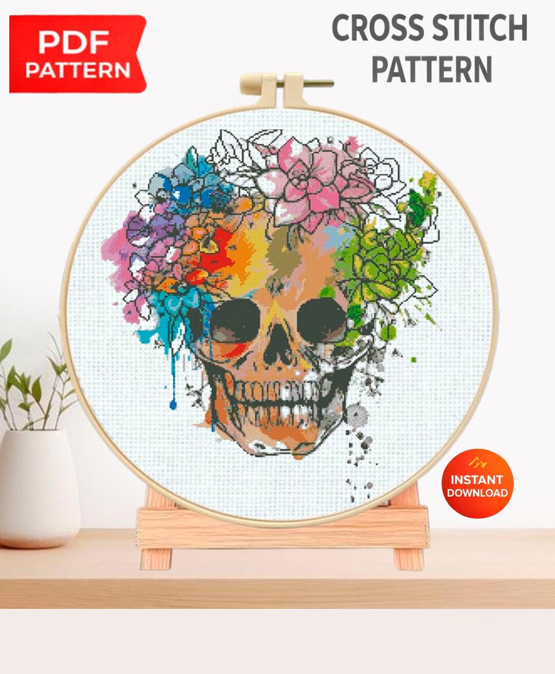 Floral Skull Cross Stitch Pattern PDF, Gothic Skeleton Embroidery ...