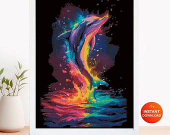 Neon Colorful Dolphin Cross Stitch Pattern PDF Rainbow Sea Animal Embroidery Ocean Wall Decor Nautical Art Instant Download Gift Idea