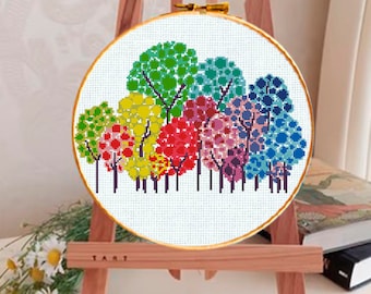 Watercolor Tree cross stitch patterns, modern cross, Four seasons trees