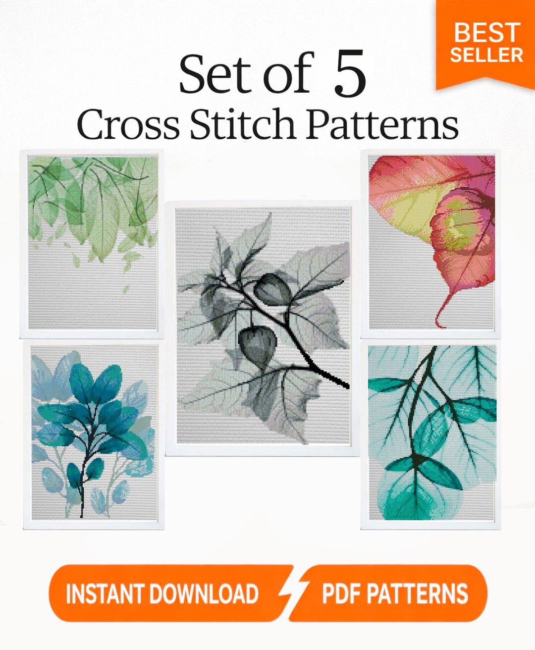Botanical Leaf Cross Stitch Pattern Set PDF, 5 Modern Minimal Floral ...