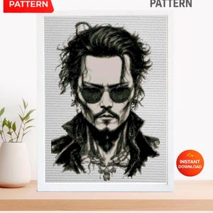 Patrón de punto de cruz en PDF de un icónico actor de Hollywood, diseño de bordado inspirado en una celebridad carismática y oscura, realista en blanco y negro.