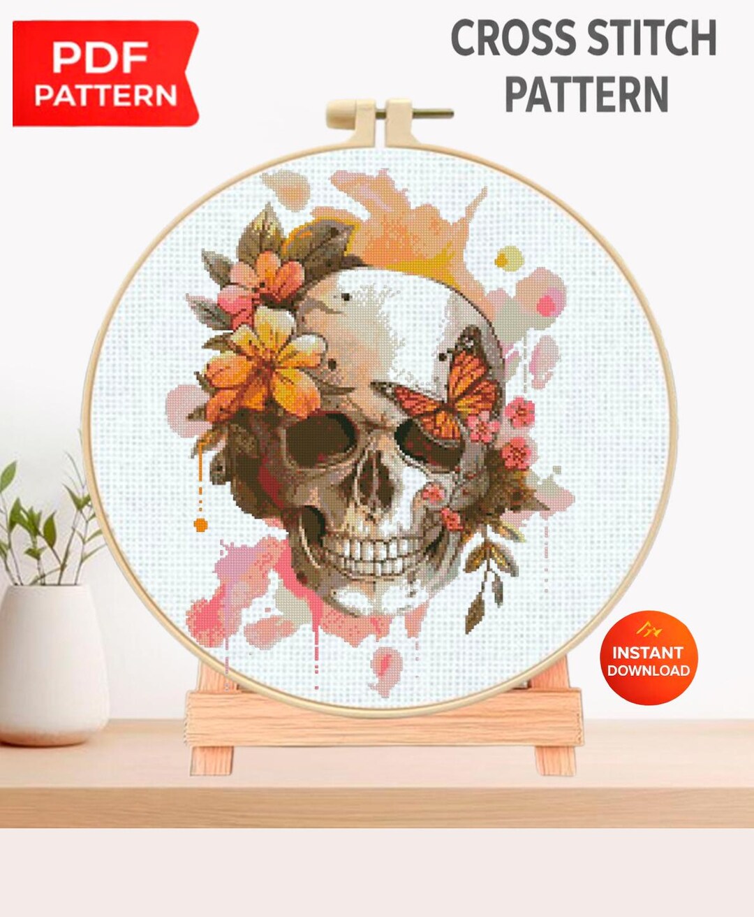 Floral Skull Cross Stitch Pattern PDF, Gothic Embroidery Design ...