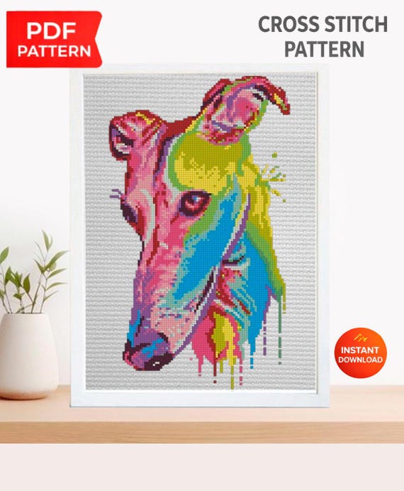 Greyhound Cross Stitch Pattern PDF, Colorful Greyhound Dog Portrait Embroidery Design, Modern Sighthound Needlework Chart, Dog Lover Gift