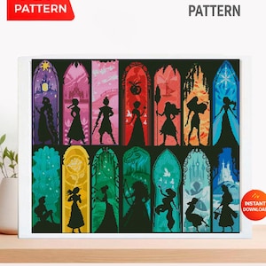 Puede incluir: Un patrón de punto de cruz con diseños de vidrieras de colores con siluetas de varios personajes. El patrón incluye el texto "PDF PATTERN" y "CROSS STITCH PATTERN". La imagen está sobre un fondo blanco.