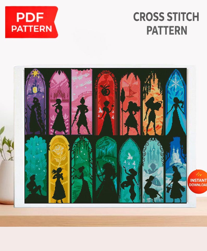 Fantasiprinsessa Silhuett Korsstygnsmönsterpaket, Sagoprinsessa Kollektion Broderi PDF, Handarbete Set med Prinsessor i Målat Glas bild 1