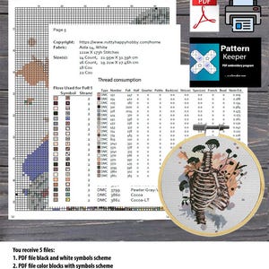 May include: A cross-stitch pattern document featuring a grid, thread consumption table, and a circular wooden hoop containing a finished embroidery of a human ribcage with trees growing from the top, surrounded by abstract peach and gray shapes.