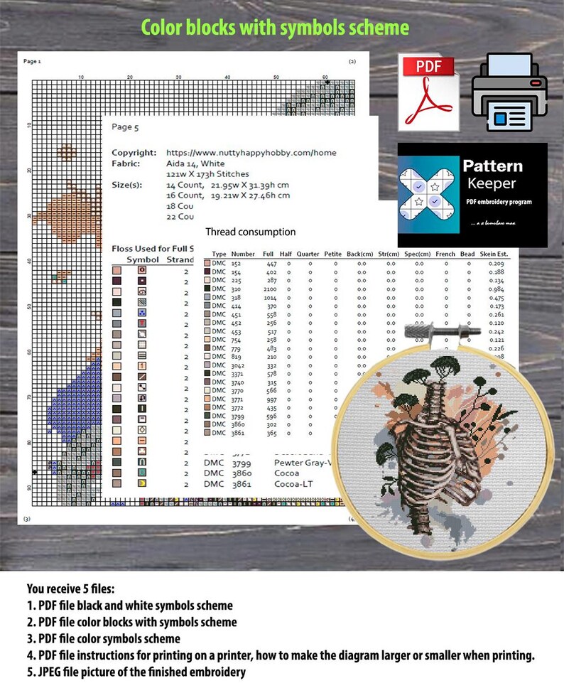 May include: A cross-stitch pattern document featuring a grid, thread consumption table, and a circular wooden hoop containing a finished embroidery of a human ribcage with trees growing from the top, surrounded by abstract peach and gray shapes.