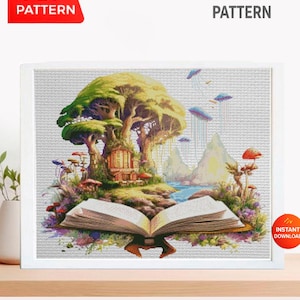 May include: Cross stitch pattern featuring a fantasy landscape with a large tree, mushrooms, and a book. The image includes the text "PDF PATTERN" and "CROSS STITCH PATTERN". The design is framed in a white border and includes the text "INSTANT DOWNLOAD".