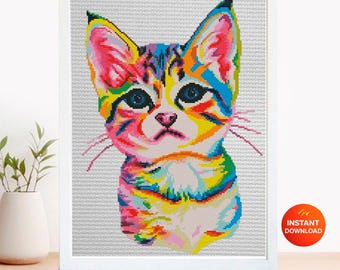 Colorful Kitten Cross Stitch Pattern PDF, Modern Cat Embroidery Design, Rainbow Kitty Counted Cross Stitch, Instant Download Gift