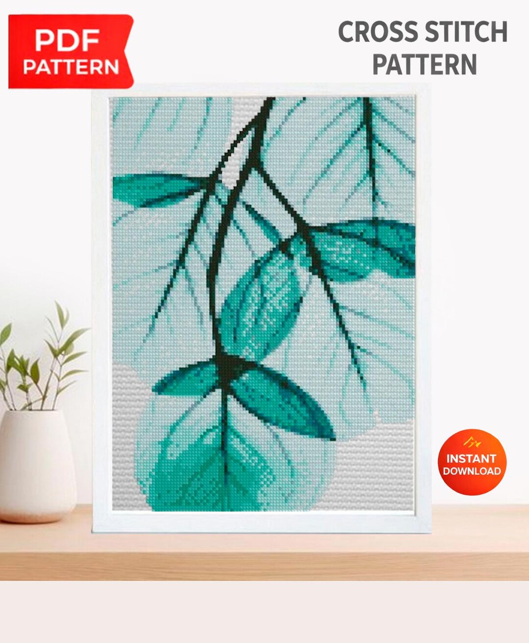 Botanical Leaf Cross Stitch Pattern PDF, Modern Green Leaves Embroidery ...