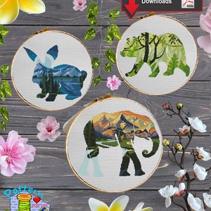 KITS Animals #253 Bear, Elephant, Hare | Counted Cross Stitch Pattern KIT and PDF | Designs | Pdf Pattern Download | Embroidery Needlepoint