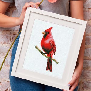 May include: A framed cross-stitch of a vibrant red cardinal bird perched on a branch. The bird has a black beak and is set against a white background. The frame is white.