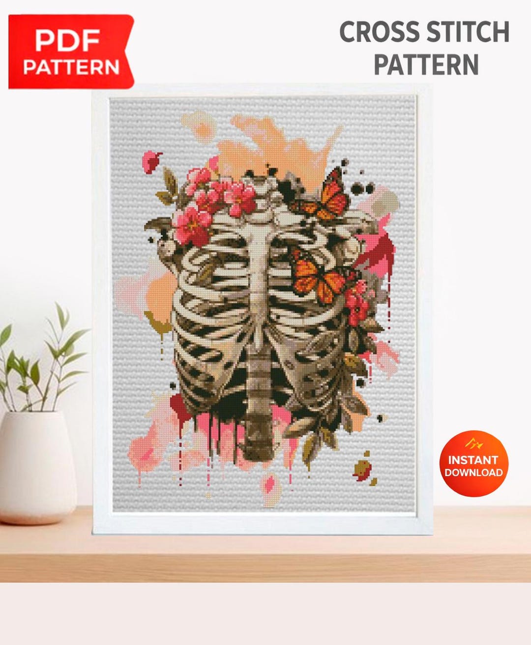 Printable Rib Cage Pattern Rib Cage Cross Stitch Pattern PDF, Floral Skeleton Embroidery Chart ...